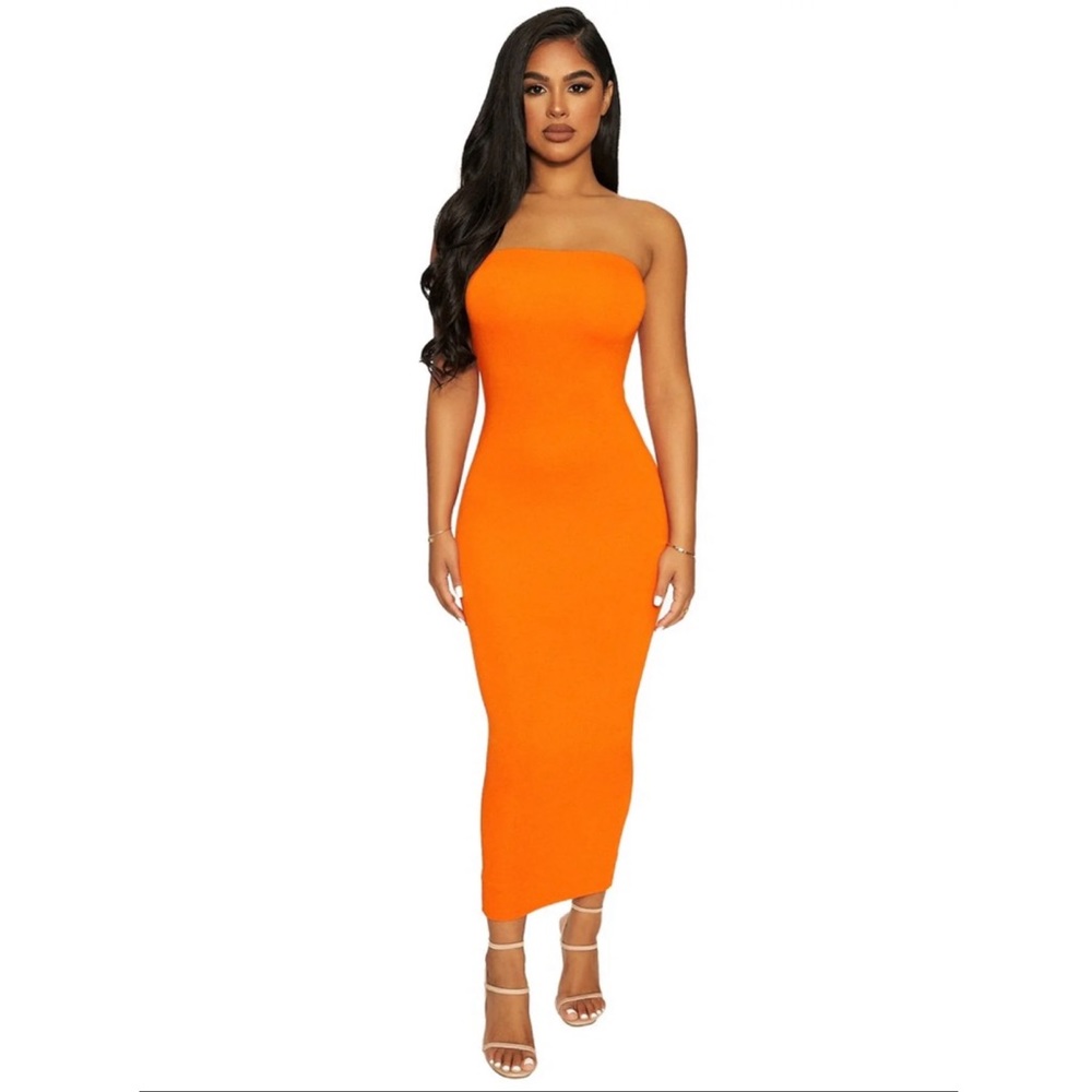 naked wardrobe Orange Strapless Maxi Dress